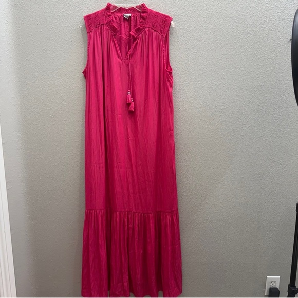 Chico's DressSize 2 (XL)  Vibrant Pink Maxi Ruffle Collar Long Sleeveless - Picture 2 of 9